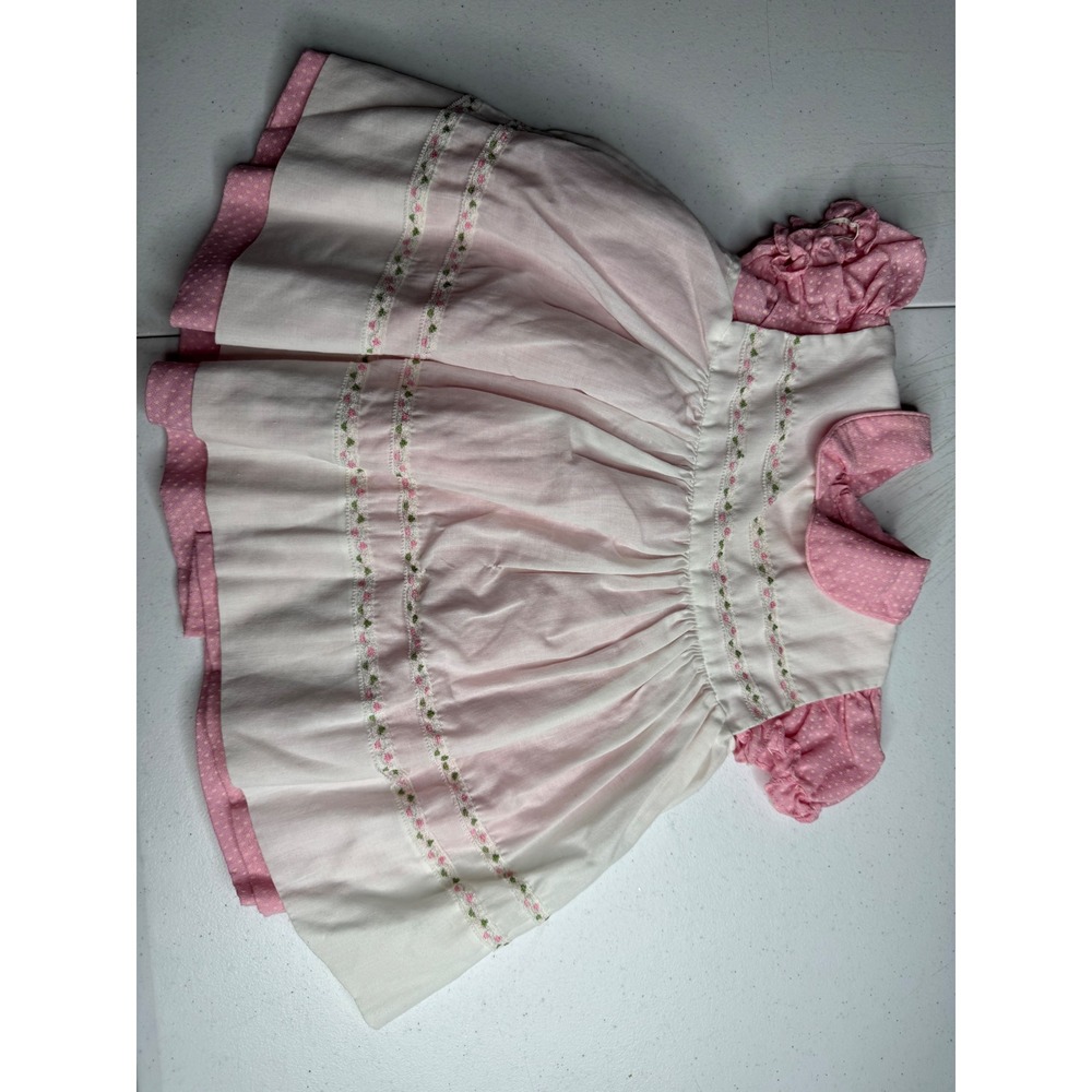 Vintage C.I. Castro & Co Pink White Polka Dot Floral Embroidered Baby Dress 24M